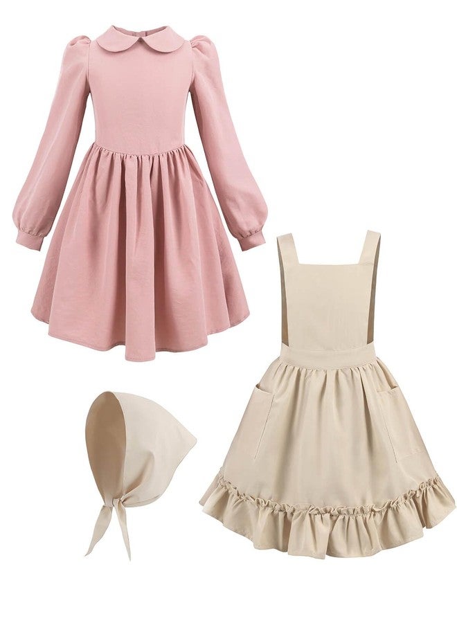 Nuoqi Prairie Dress Girls Pioneer Colonial Costume Long Sleeve 1800s Victorian Dress with Apron 8-9, Pink - Image 4